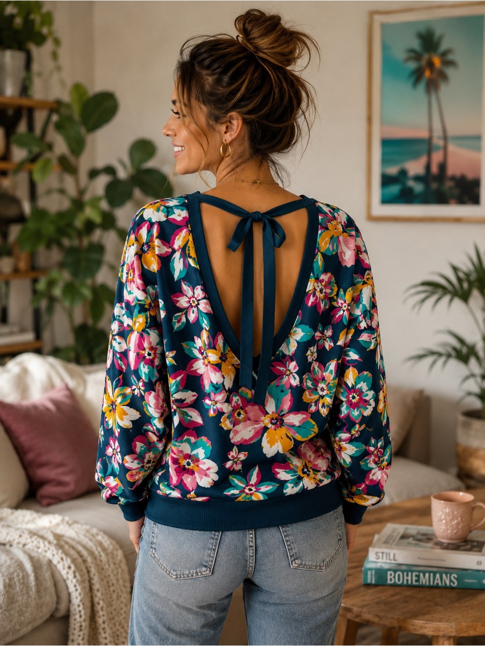 theGet Floral French Terry Tie Back Sweatshirt Pullover Large